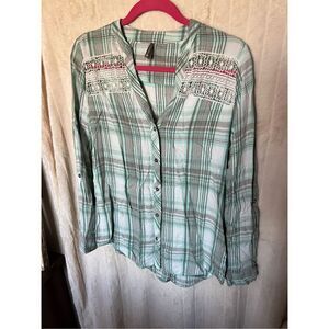 Vanity Plaid With Lace Button Up Woman’s Top Size Small